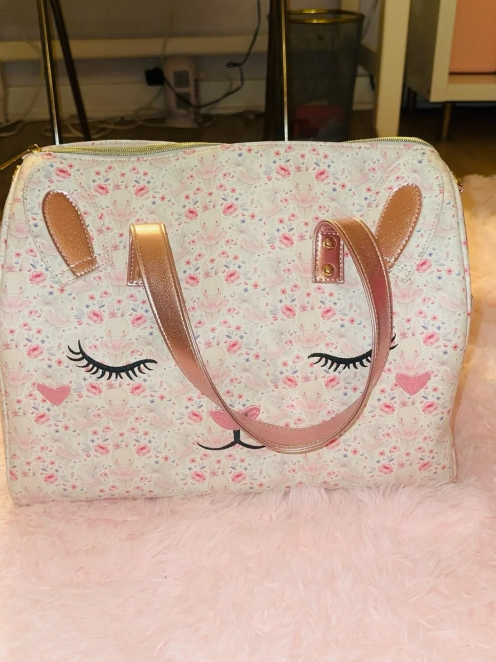 Cute Floral Bunny Face Travel Bag in Pink and Cream